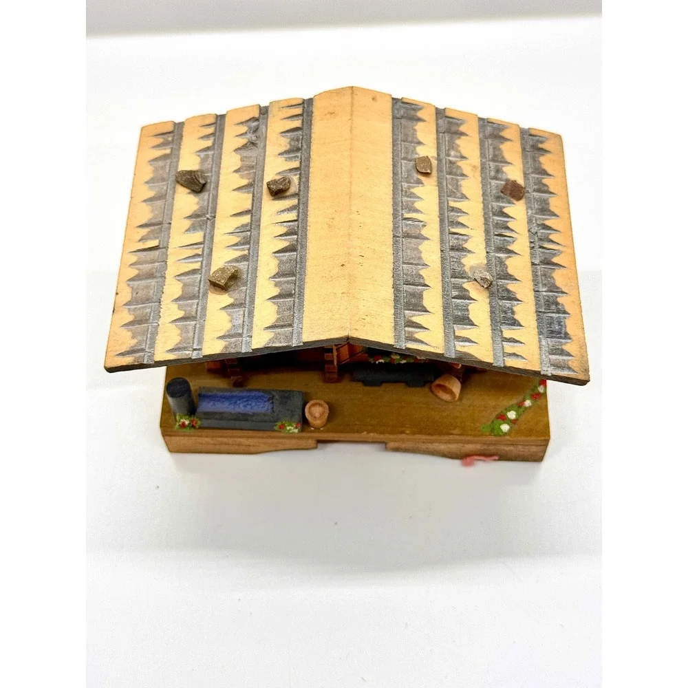 Vintage BEFAG Swiss Chalet Music Box Swedish Rhapsody Log Cabin Wood Trinket Box